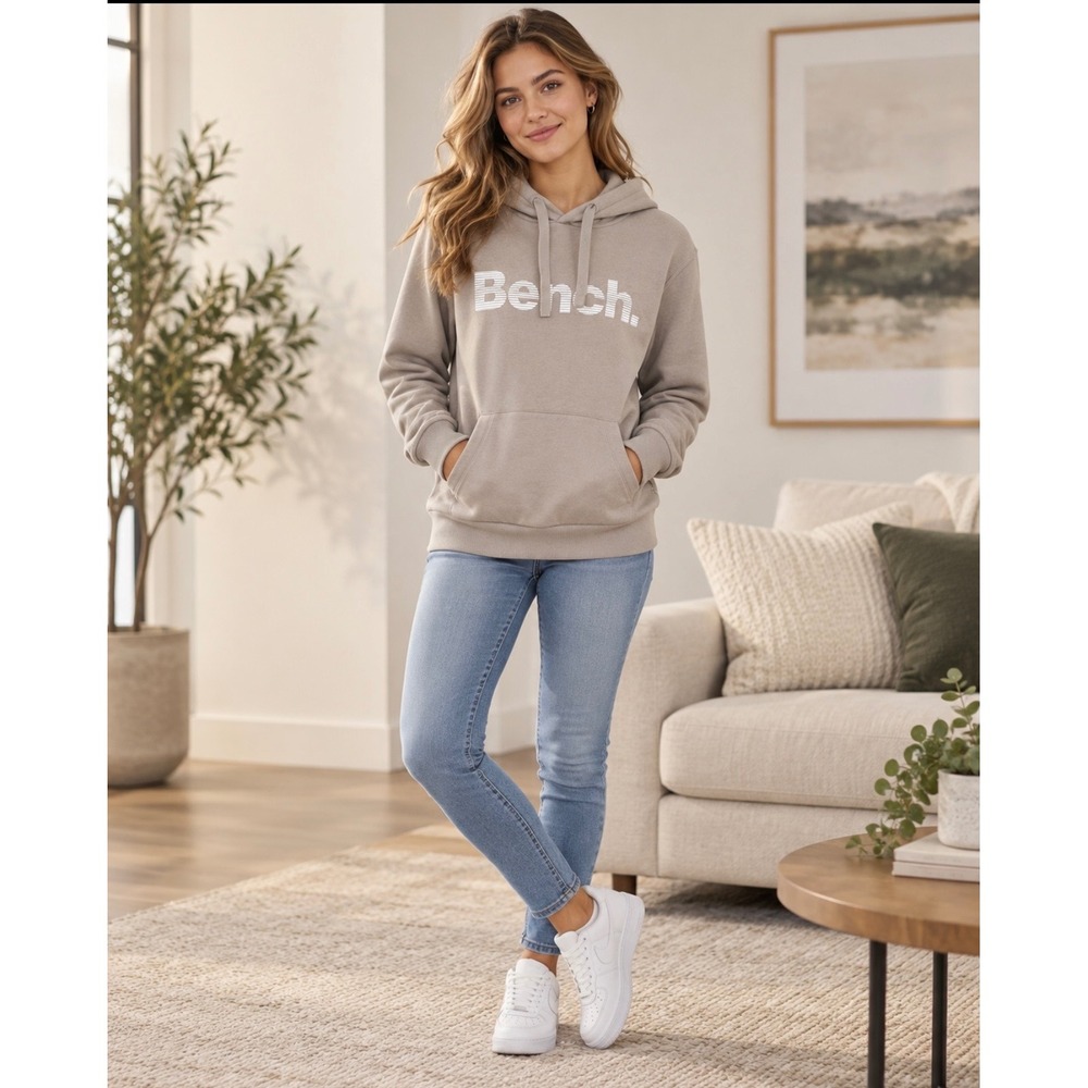 Bench Women's Logo Pullover Hoodie Large Taupe Gray Kangaroo Pocket Athleisure
